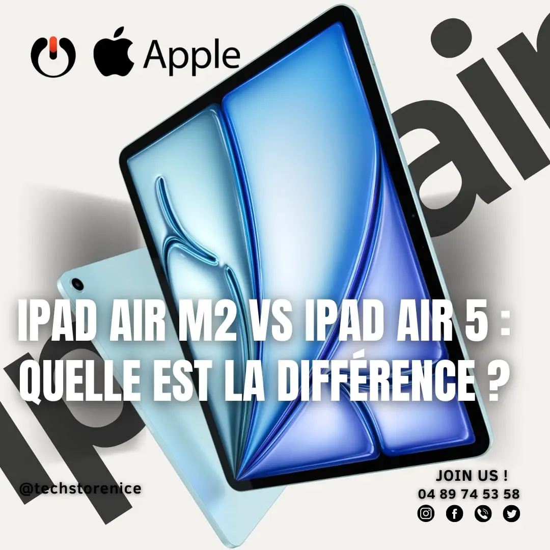 Une image comparant l'iPad Air M2 et l'iPad Air 5. Les deux tablettes sont côte à côte, avec l'iPad Air M2 à gauche et l'iPad Air 5 à droite. L'image est divisée en plusieurs sections, chacune mettant en évidence une différence clé entre les deux tablettes.
