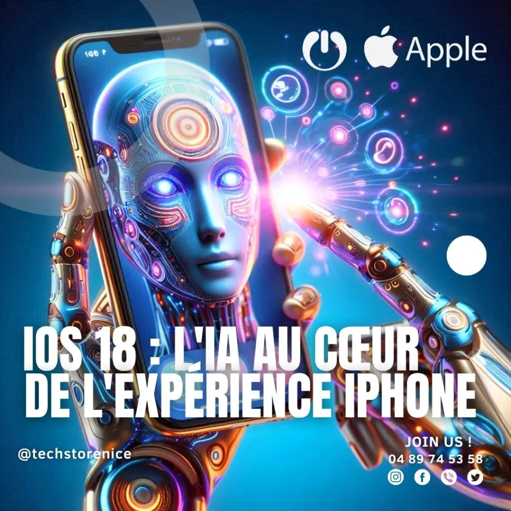 Un robot humanoïde tenant un iPhone dans ses mains. L'écran de l'iPhone affiche l'interface iOS 18