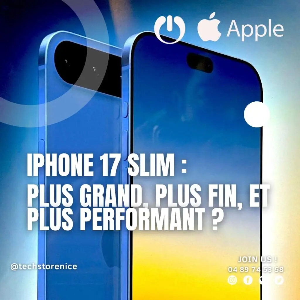 Deux iPhones, un bleu et un jaune, sont côte à côte sur une table blanche. Le logo Apple est visible sur les deux téléphones.