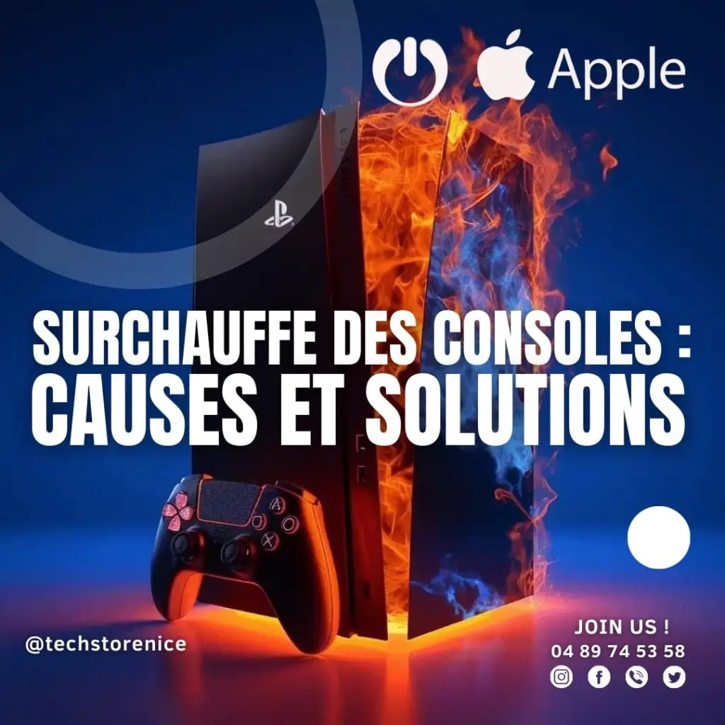 Une console de jeu en feu avec le logo Apple en arrière-plan, illustrant un problème de surchauffe