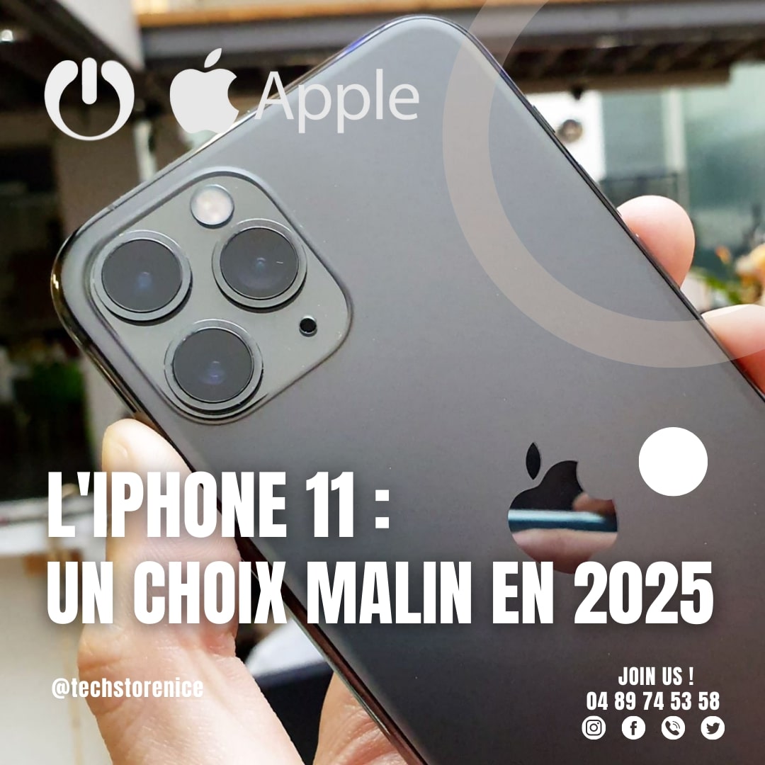 Gros plan sur un iPhone 11 gris avec trois caméras arrière, accompagné des logos Techstore et Apple. Texte : L'iPhone 11, un choix malin en 2025