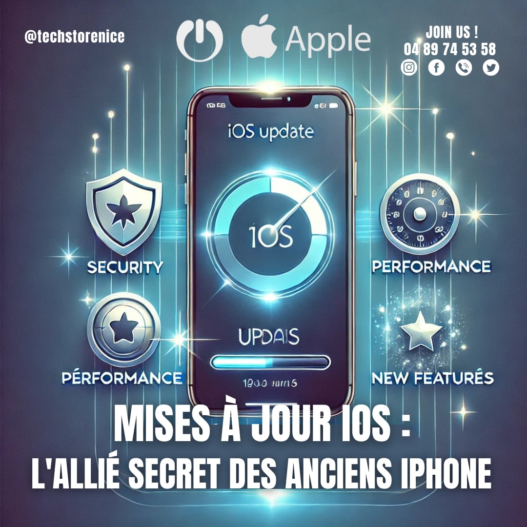 Affiche promotionnelle illustrant un iPhone avec un écran affichant "iOS Update" et des éléments visuels présentant les bénéfices des mises à jour iOS, notamment la sécurité, la performance, et les nouvelles fonctionnalités