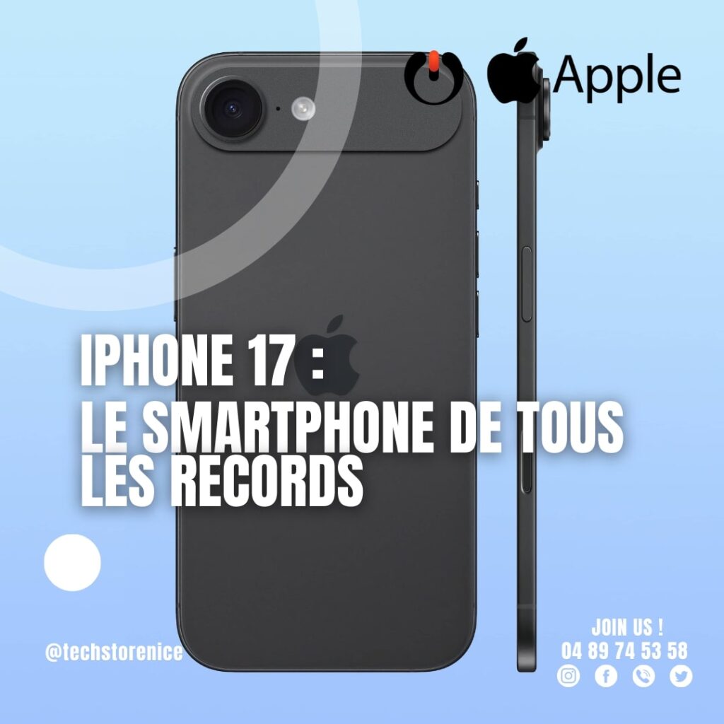 Vue de l'iPhone 17, le smartphone révolutionnaire en noir mat, présenté avec un design élégant et minimaliste sur un fond bleu clair, accompagné du logo Apple et du slogan "Le smartphone de tous les records"